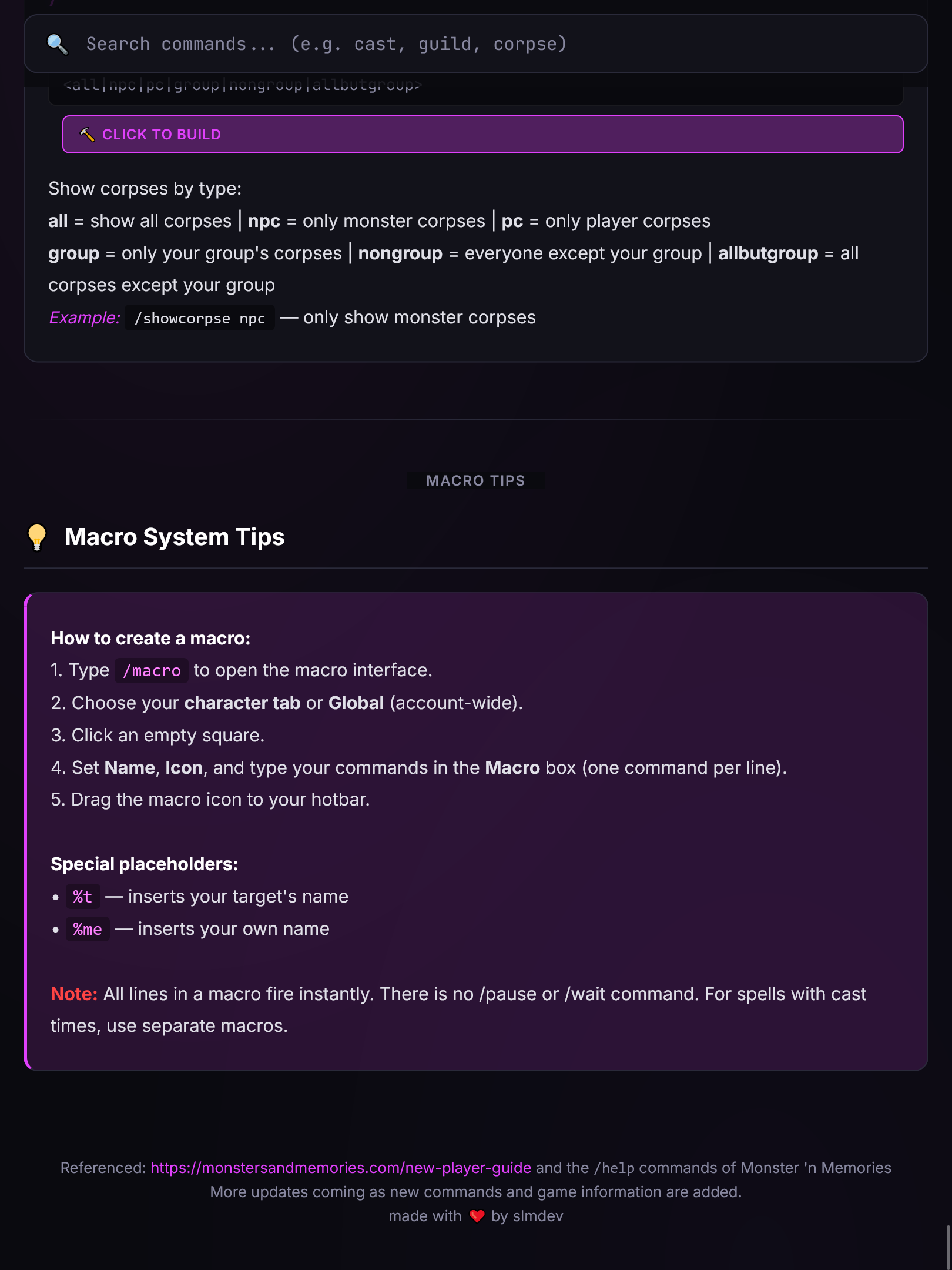 Desktop view - Monsters & Memories command guide
