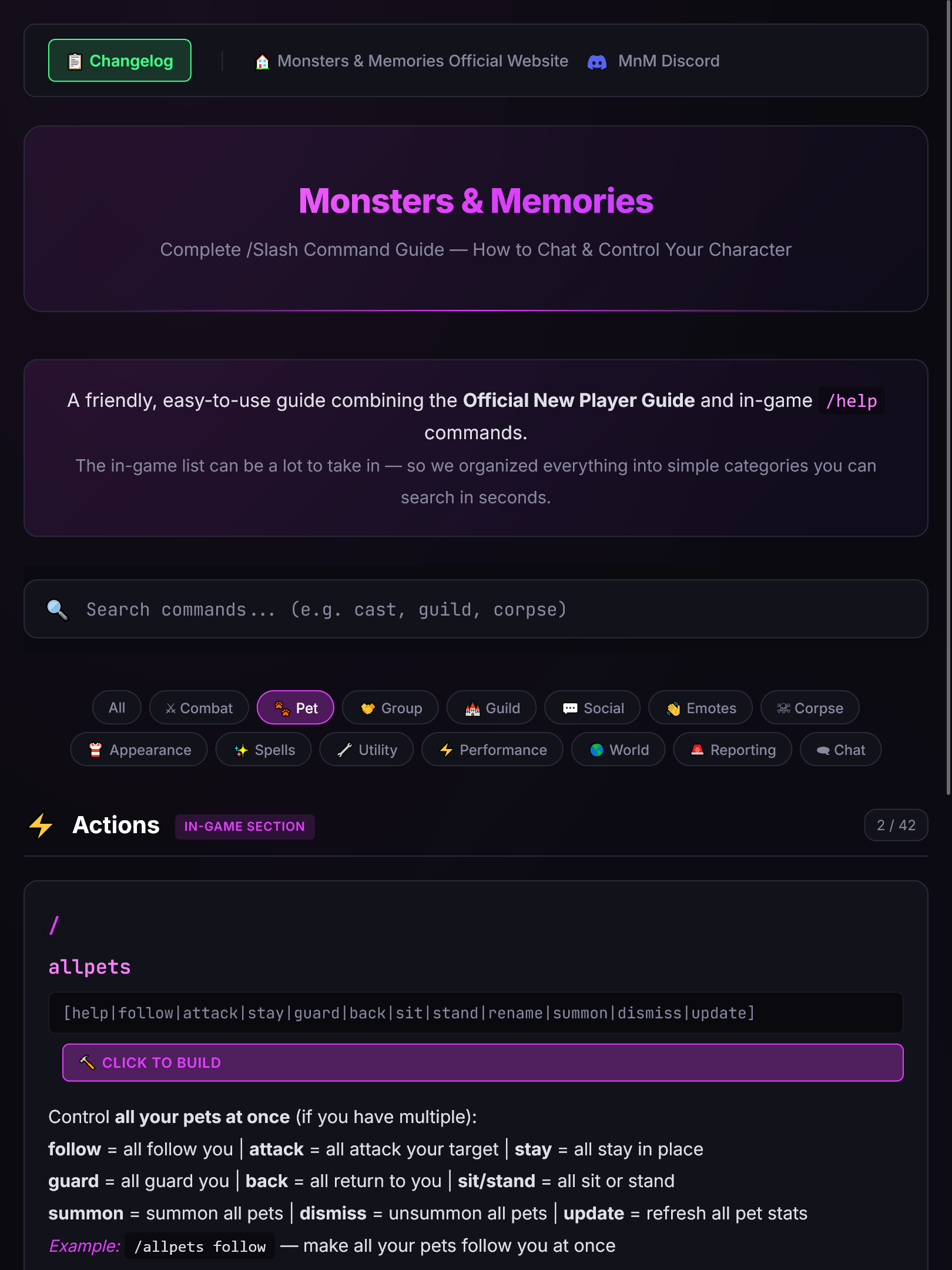 Tablet view - Monsters & Memories command guide on iPad