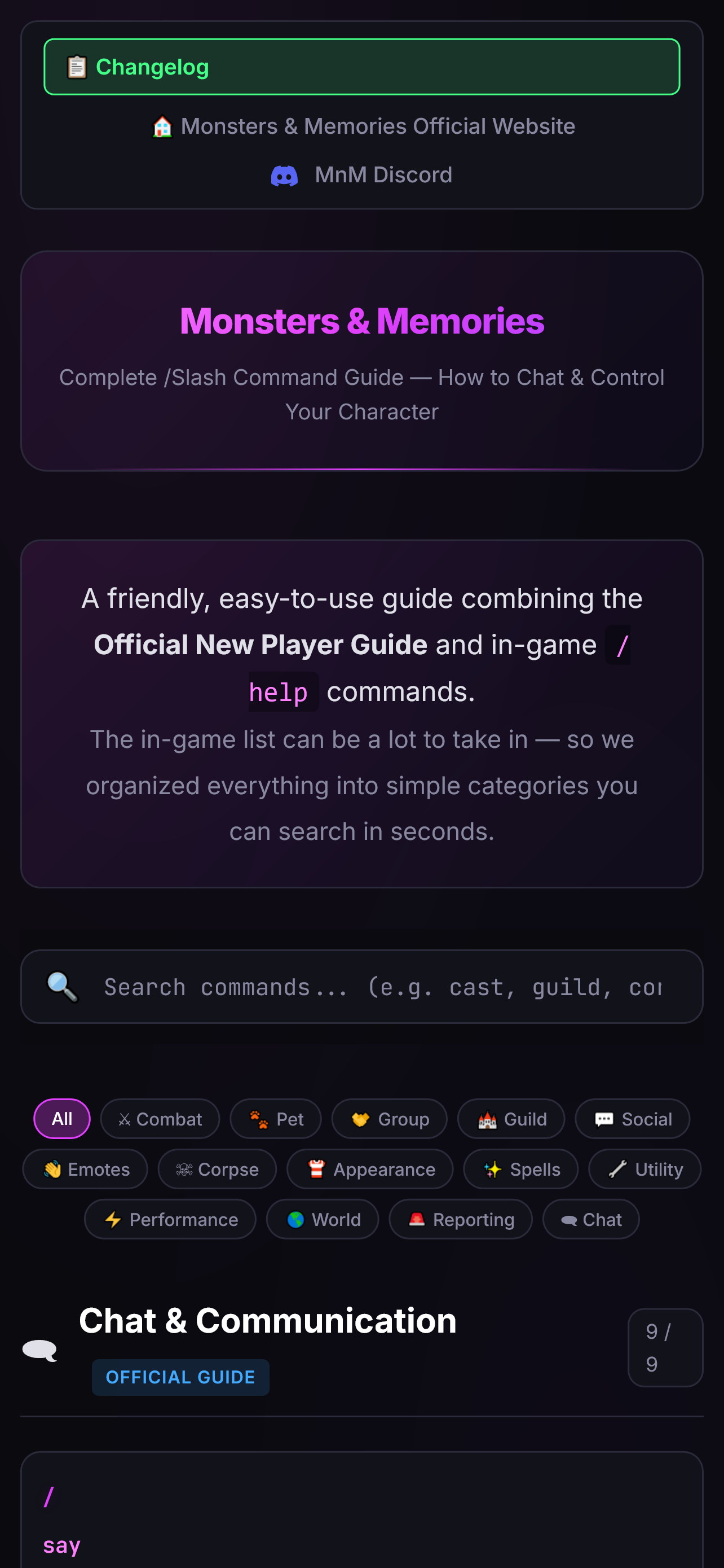 Mobile view - Monsters & Memories command guide on iPhone